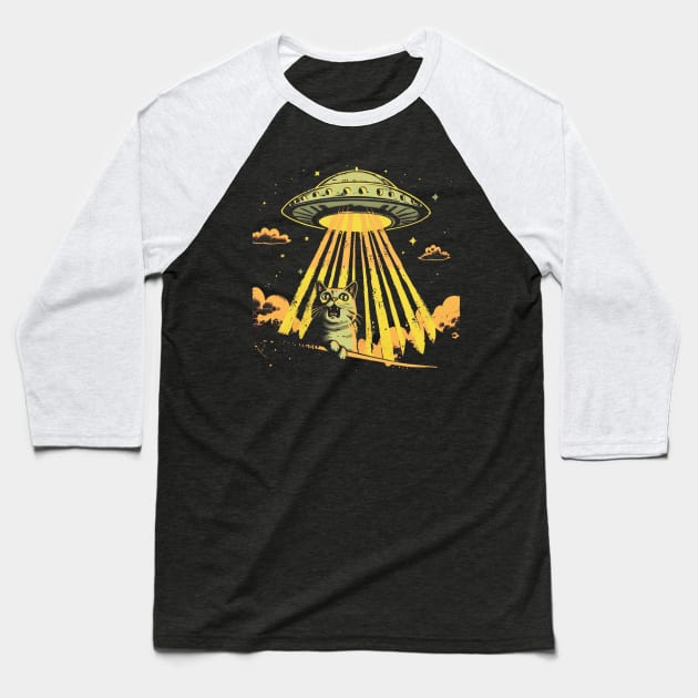 Shocked Cat and UFO Invasion Baseball T-Shirt by OscarVanHendrix
